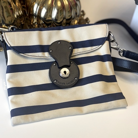 Ralph Lauren Purple Label Striped Canvas Crossbody | Navy & Cream | Red Interior - Picture 2 of 9